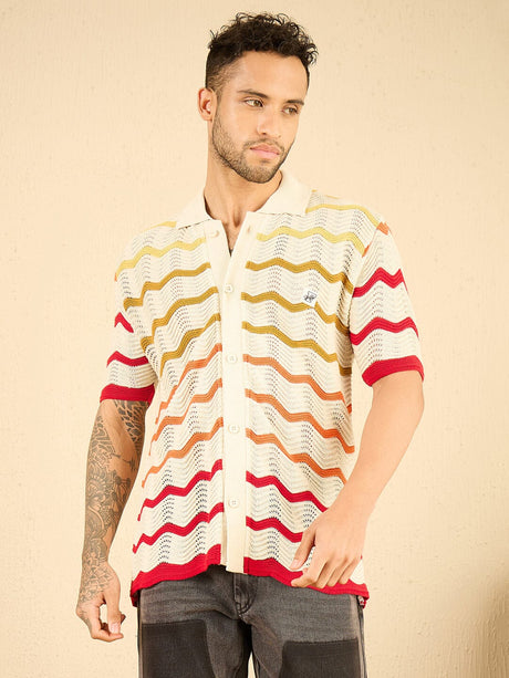 Ecru Wavy Stripes Crochet Shirt Shirts Fugazee 