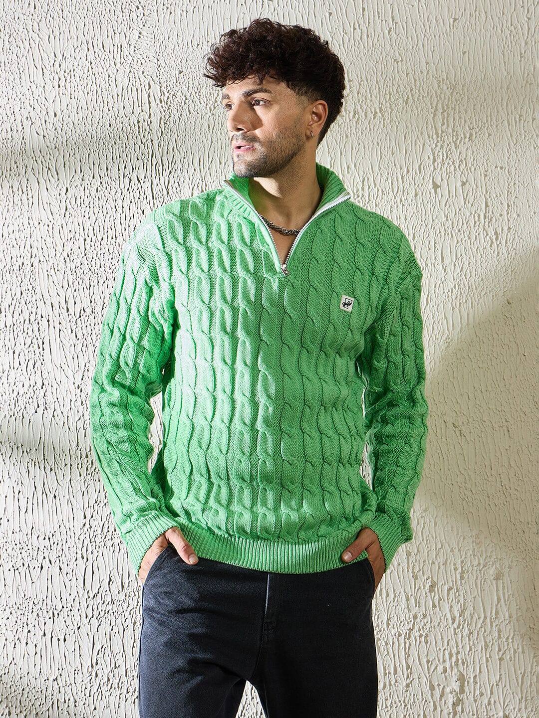 Mint Cable Knit Quarter Zip Turtleneck Sweater | Buy Mens Sweaters