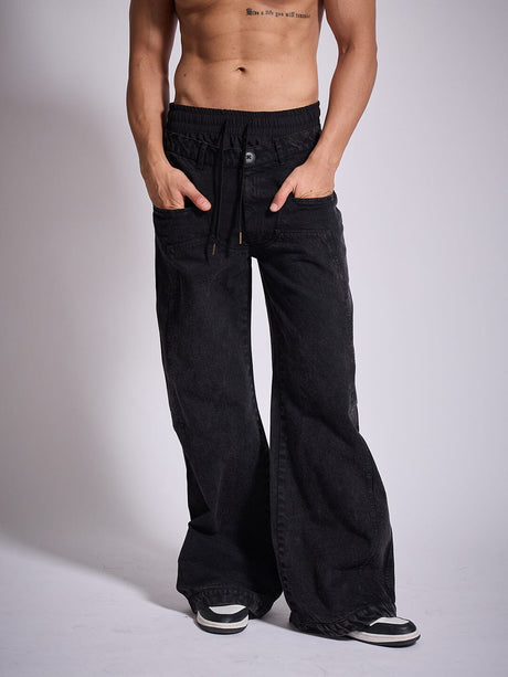 Black Double Waisted Panel Denim Jeans Fugazee 
