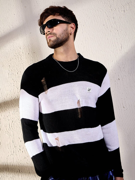 Black And White Damaged Striped Knitted Tshirt T-shirts Fugazee 