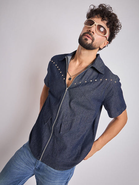 Dark Wash Studded Denim Shirt Shirts Fugazee 
