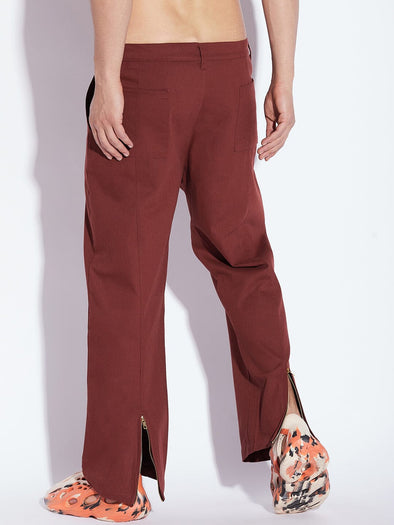 BROWN TWILL FLARED ZIPPED PANTS