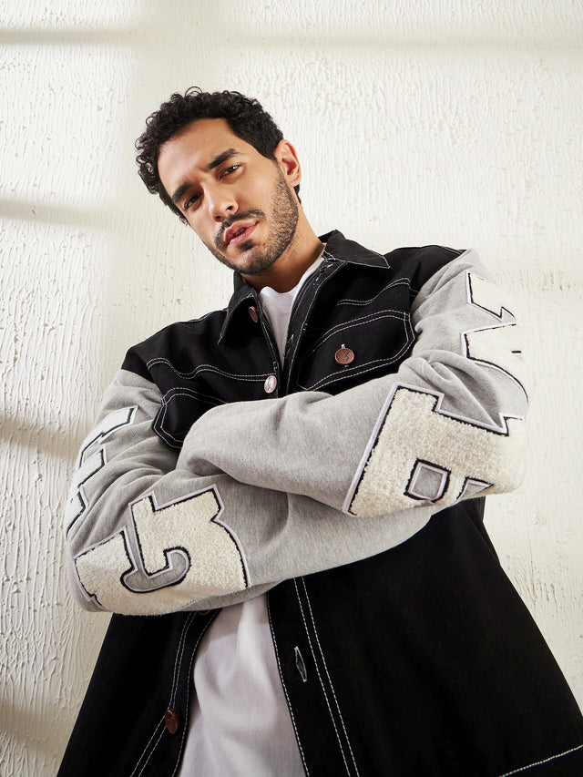 Black Letterman Contrast Stitch Jacket Jackets Fugazee 