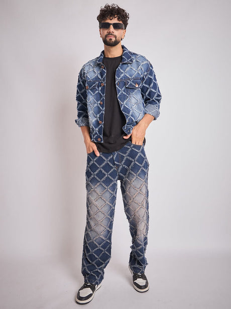Dark Washed Damaged Patterned Denim Jacket & Jeans Clothing Set Clothing Set Fugazee 