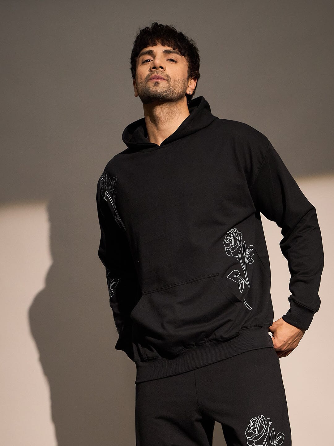 Black Rose Embroidered Oversized Hoodie | Buy Mens Sweatshirt