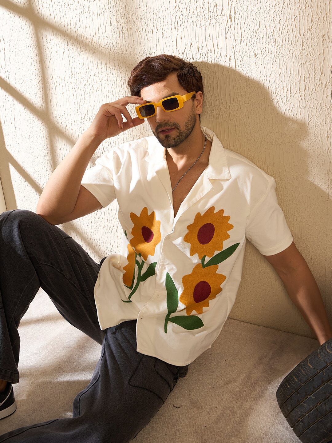 White Corduroy Sunflower Cuban Shirt | Buy Men Shirts | Fugazee