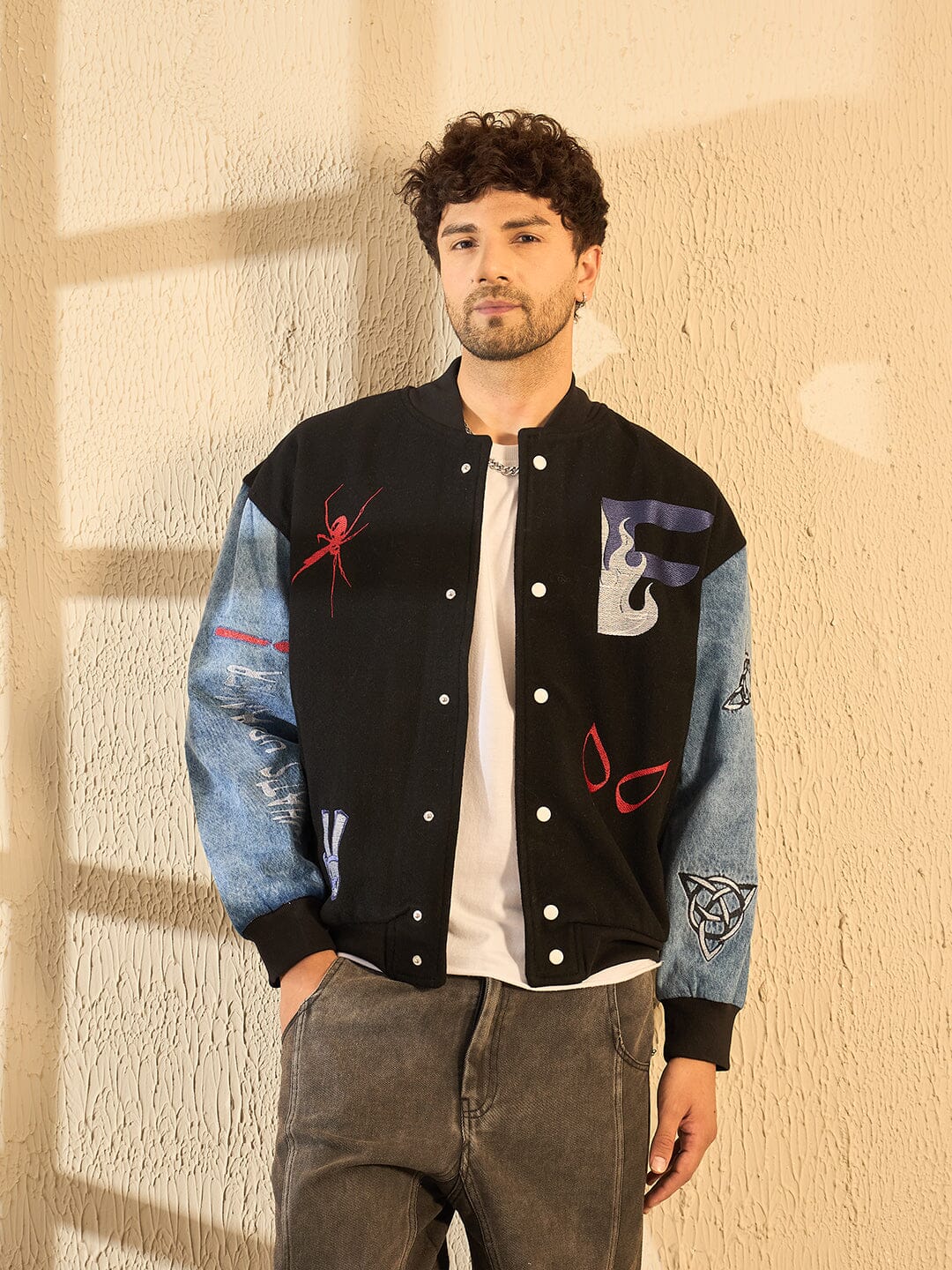 Black Woollen Tattooed Jacket With Denim Sleeves | Buy Men Jacket