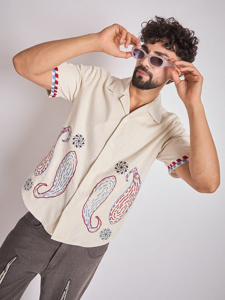 Ecru Paisley Embroidery Cuban Shirt Shirts Fugazee 