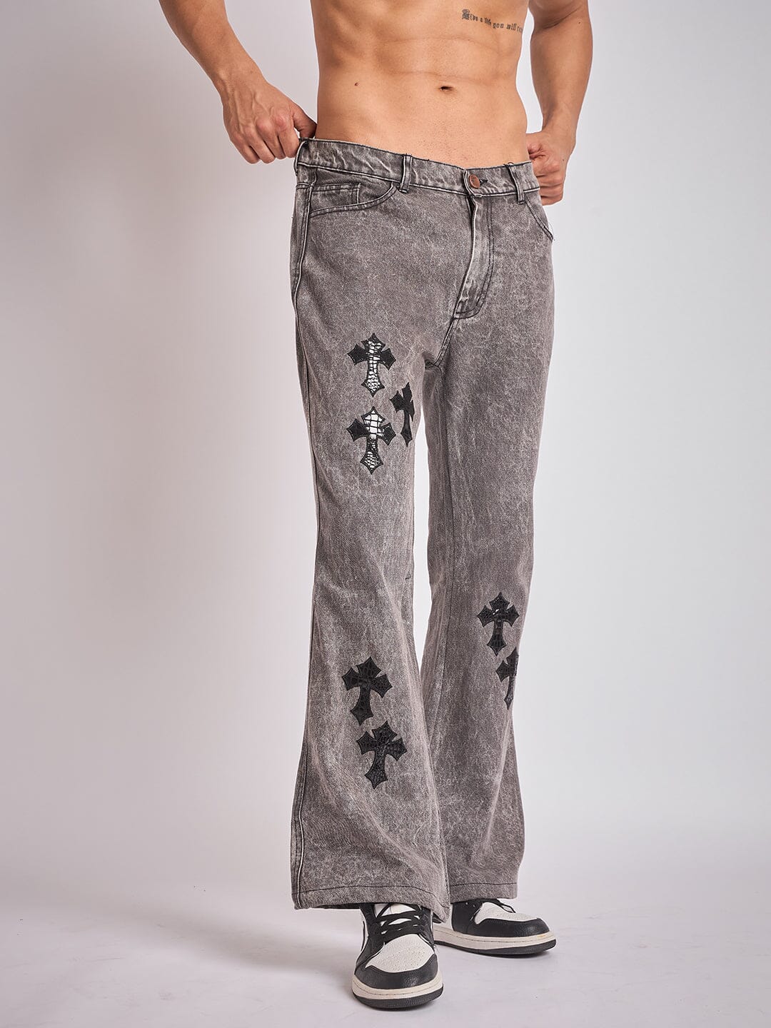 Grey Pu Cross Flared Denim | Buy Men Flared Denim | Fugazee – FUGAZEE