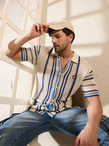 Off White Navy Striped Crochet Knitted Shirt Shirts Fugazee 