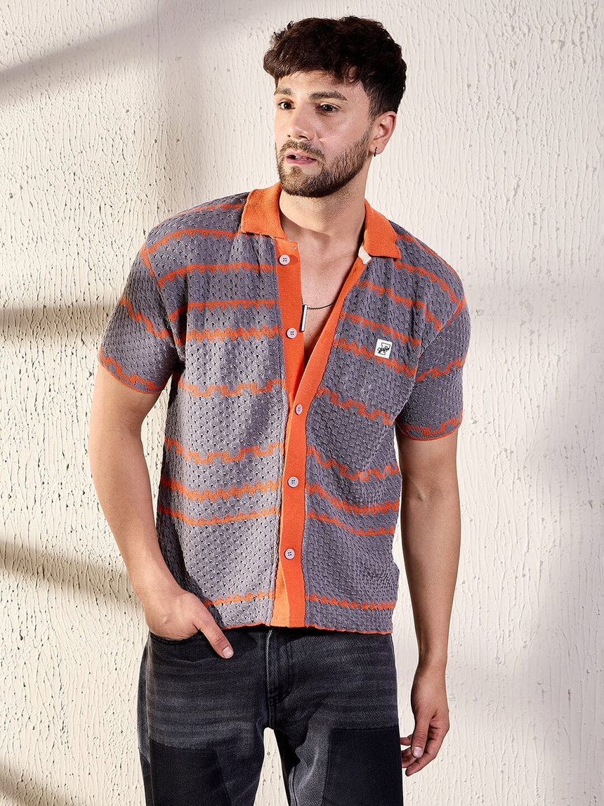 Grey And Orange Striped Crochet Shirt Shirts Fugazee 