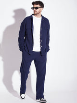 Navy Pleated OverShirt And Pants Combo Set
