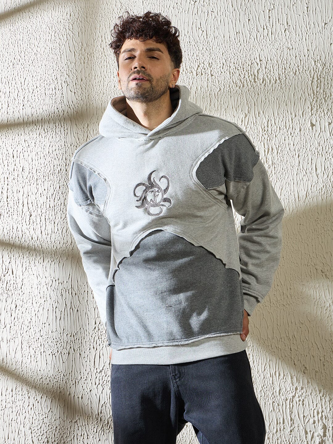 Grey and Charcoal Cut and Sew Hooded Sweatshirt | Buy Mens