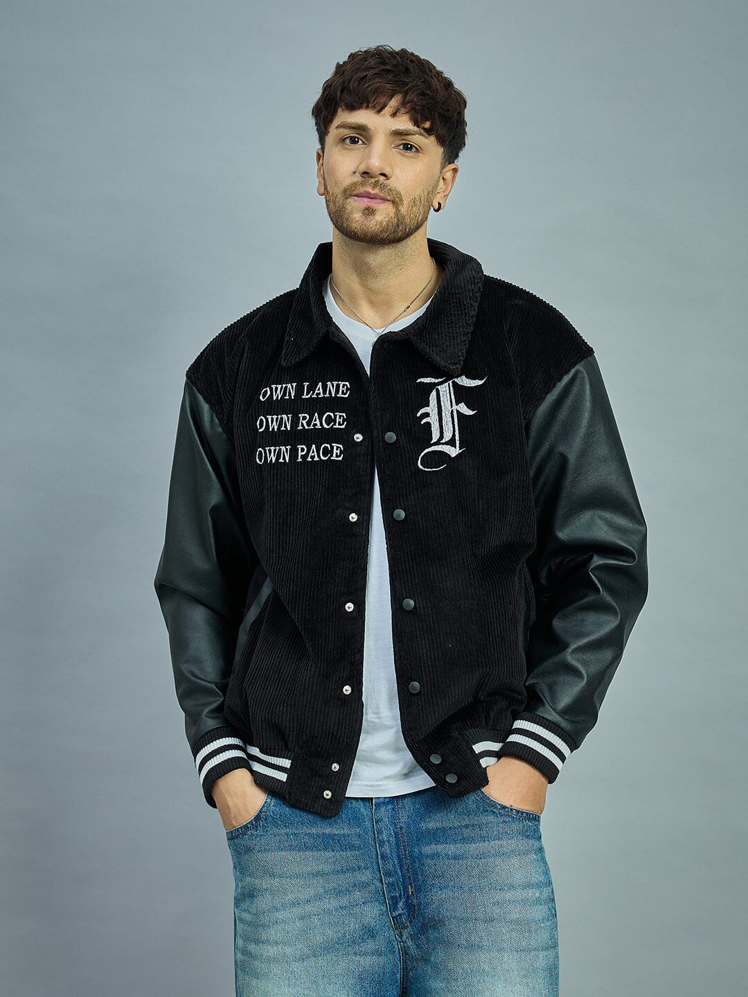 Black Corduroy Faux Leather Sleeves Varsity Jacket | Buy Men