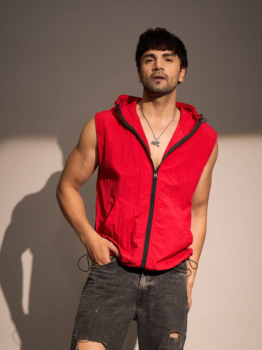 Red Crushed Nylon Sleeveless Windbreaker Jacket Jackets Fugazee 