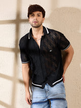 Black Cable Knit Crochet Shirt Shirts Fugazee 