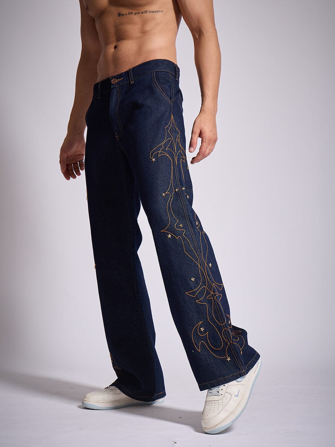 Dark Wash Mayan Embroidery Riveted Flared Denim | Buy Men Flared