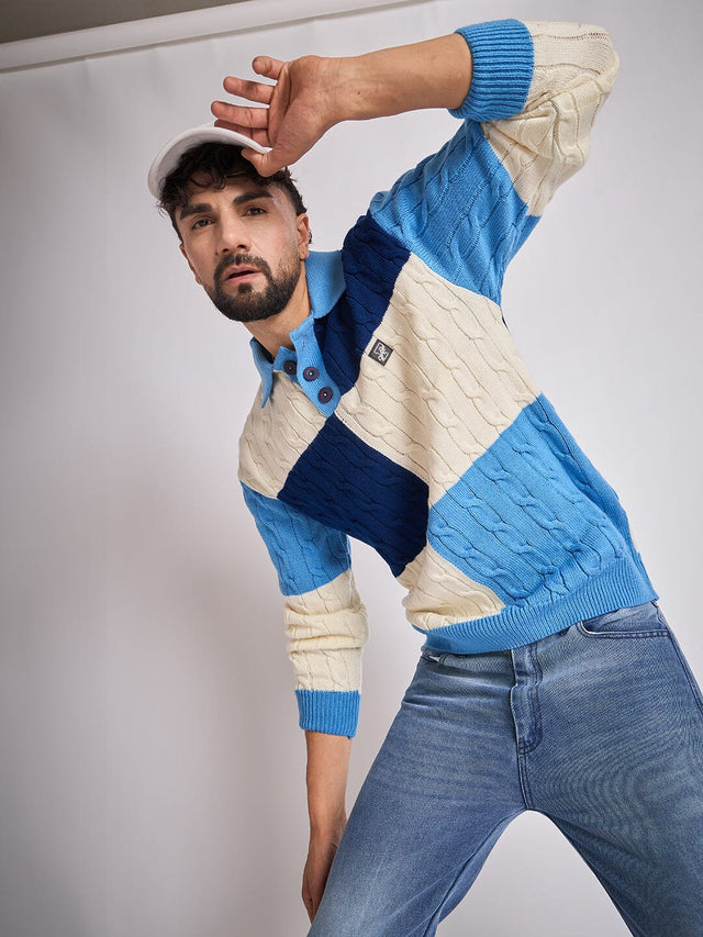 Blue Coloured Blocked Cable Knit Sweater Sweaters Fugazee 