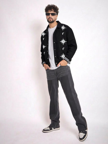 Black Twill Applique Bomber Jacket Jackets Fugazee 