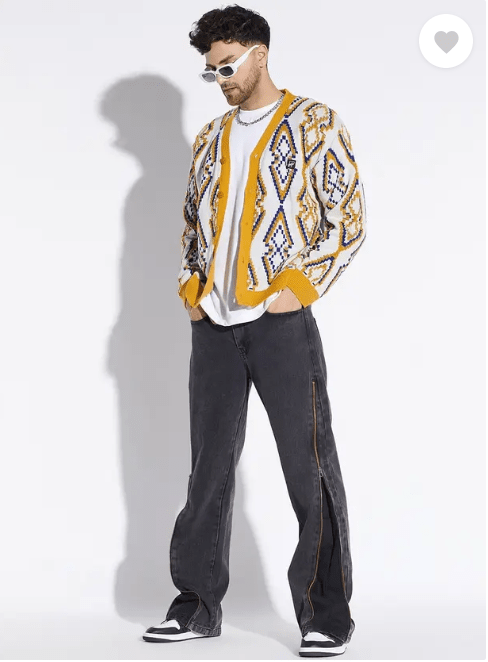 Mustard Abstract Print Cardigan Sweaters Fugazee 
