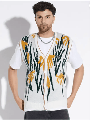 White Printed Sleeveless Cardigan Sweaters Fugazee 
