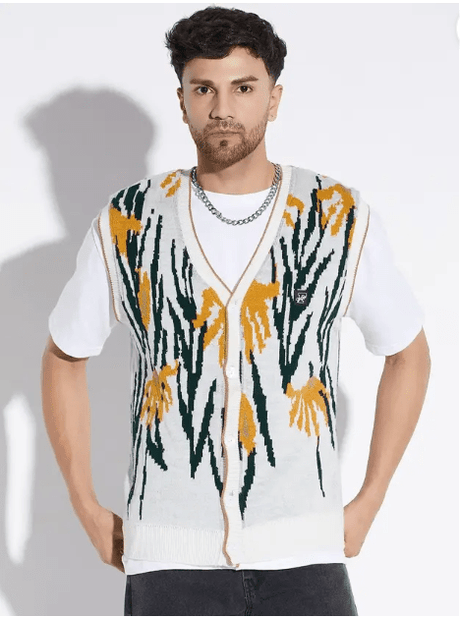 White Printed Sleeveless Cardigan Sweaters Fugazee 