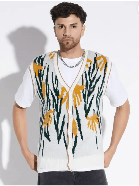 White Printed Sleeveless Cardigan Sweaters Fugazee 