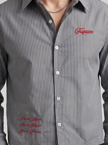 Charcoal Striped Embroidered Cropped Shirt Shirts Fugazee 