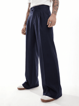 Navy Wide Leg Pleated Trousers Trousers Fugazee 