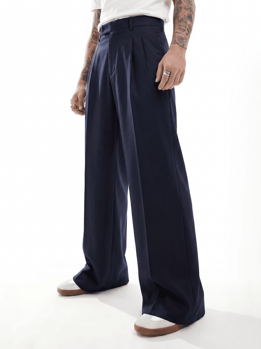Navy Wide Leg Pleated Trousers Trousers Fugazee 