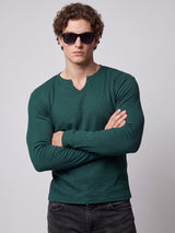Bottle Green Notch Neck Ribbed Longsleeve Tshirt T-Shirts Fugazee 