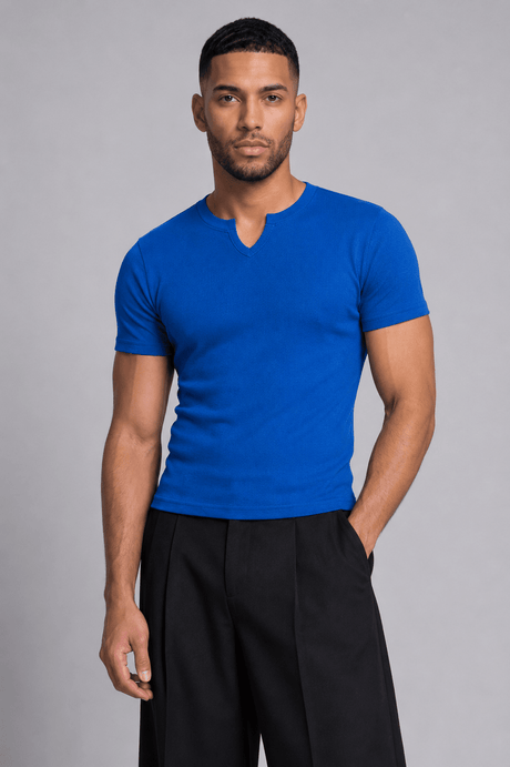 Royal Blue Notch Neck Ribbed Tshirt T-Shirts Fugazee 