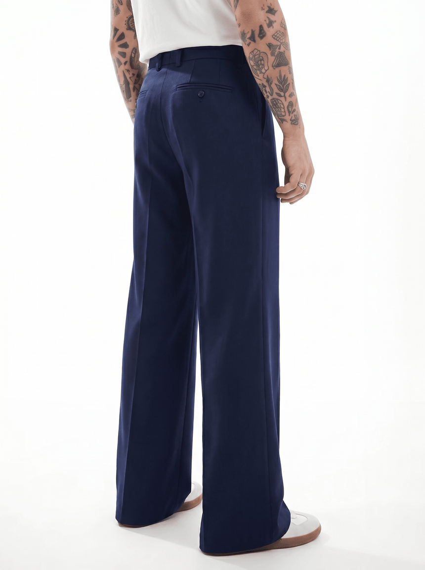 Navy Wide Leg Pleated Trousers Trousers Fugazee 