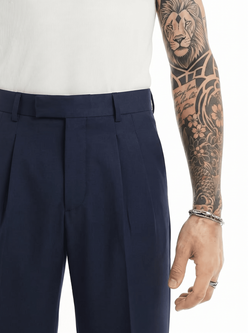 Navy Wide Leg Pleated Trousers Trousers Fugazee 