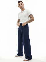 Navy Wide Leg Pleated Trousers Trousers Fugazee 