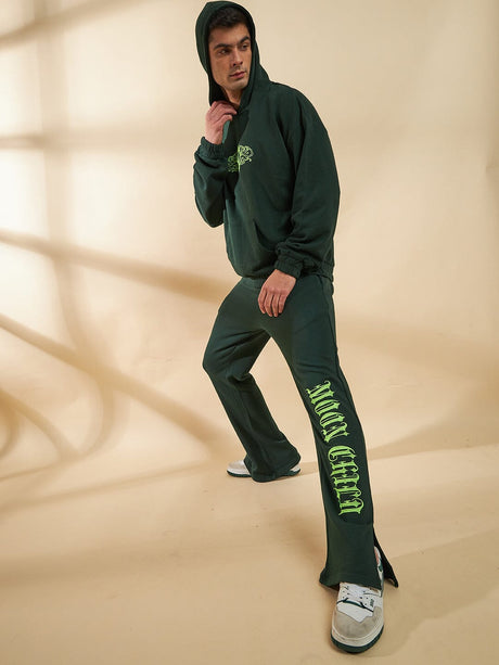 Moss Green Embroidery Panel Oversized Hoodie & Boot Cut Tracksuit Tracksuits Fugazee 