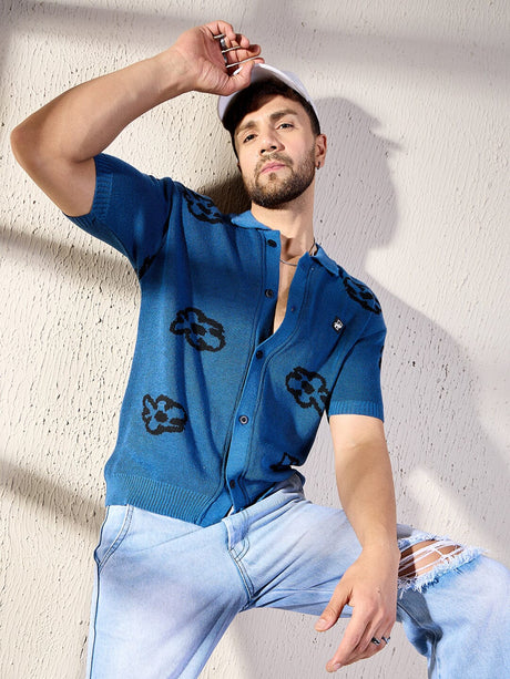 Navy Floral Knitted Shirt Shirts Fugazee 