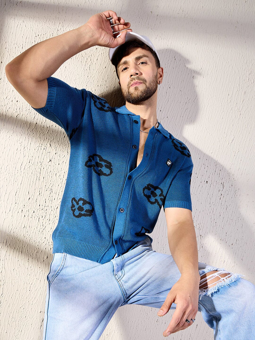 Navy Floral Knitted Shirt Shirts Fugazee 