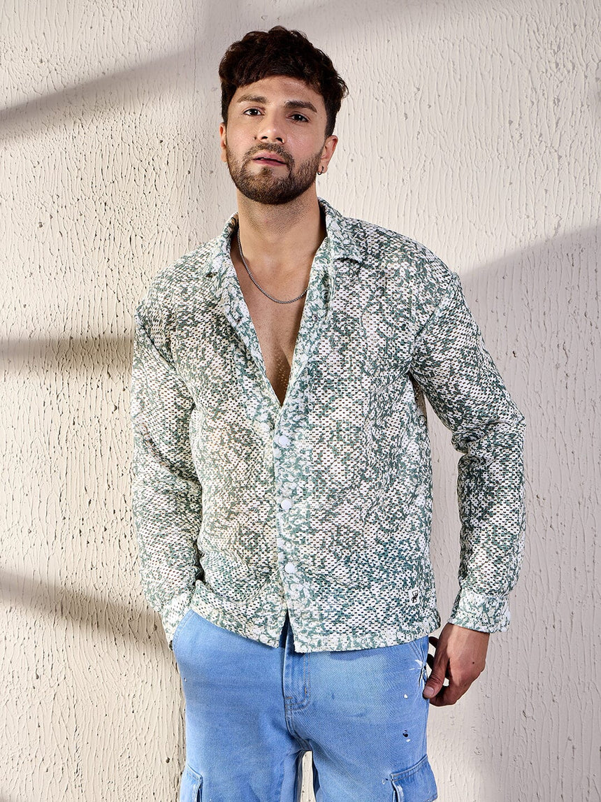 White & Olive Floral Lace Shirt Shirts Fugazee 