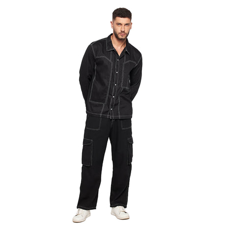 Black Contrast Stitch Shirt and Cargo Pants Clothing Set Clothing Set Fugazee 