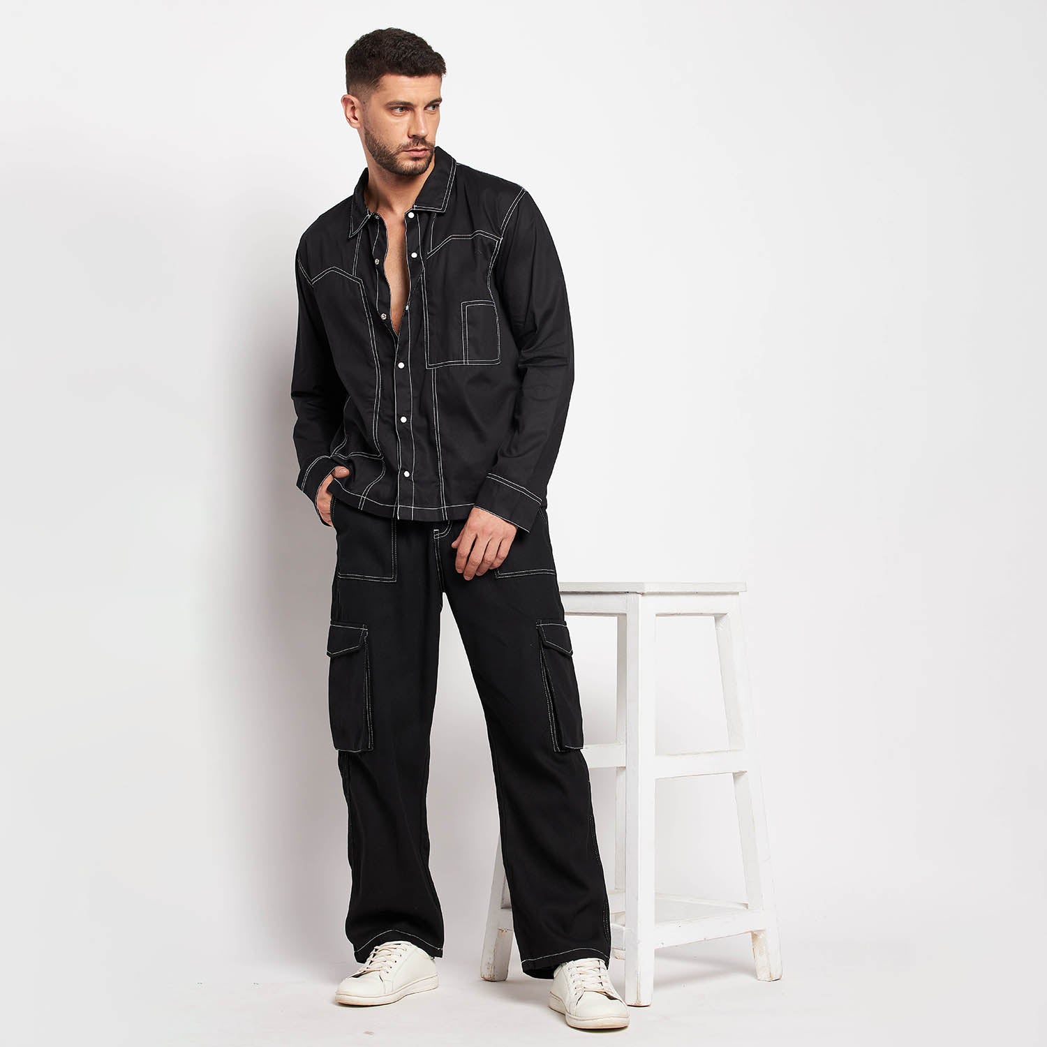 Black Contrast Stitch Carpenter Shirt and Cargo Pants Clothing Set