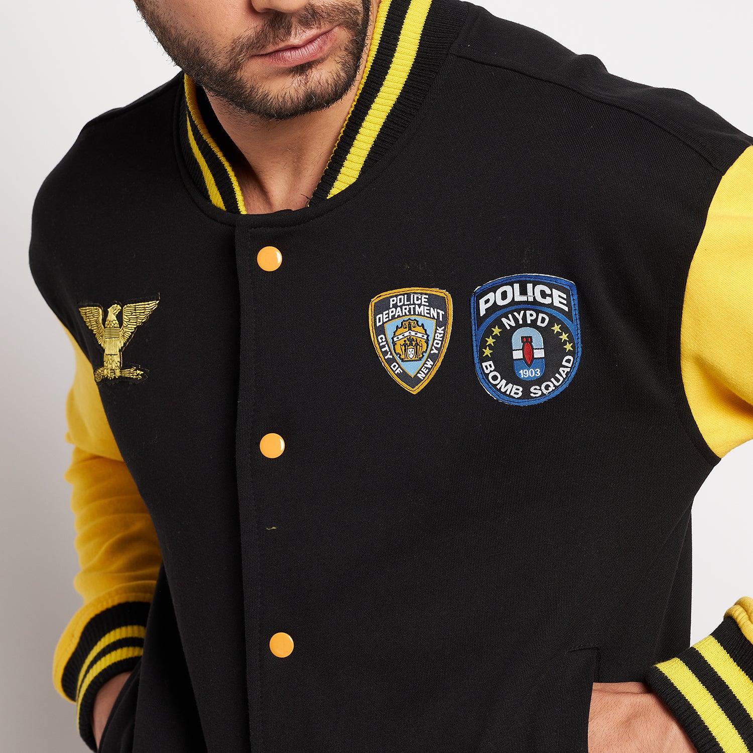 Fugazee Men's Black and Yellow Fleece Bomber Jacket