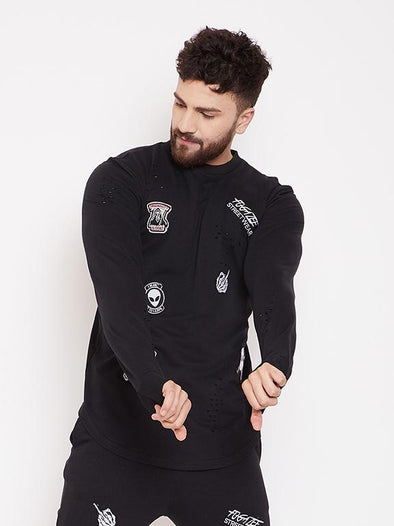Black Patched Distressed Sweatshirt Sweatshirts - Fugazee