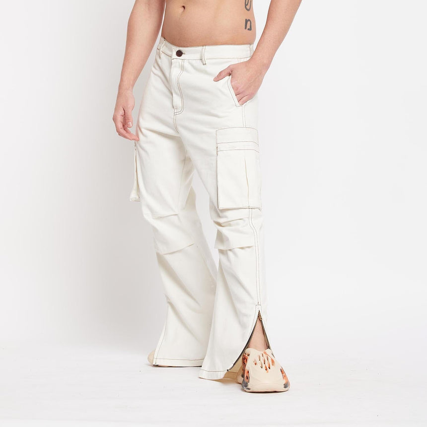 White Twill Flared Cargo Pants, Buy Wide Legged Trousers