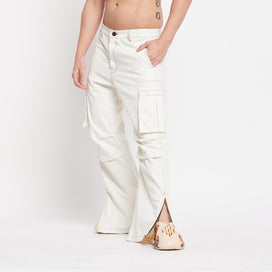 White Twill Flared Cargo Pants