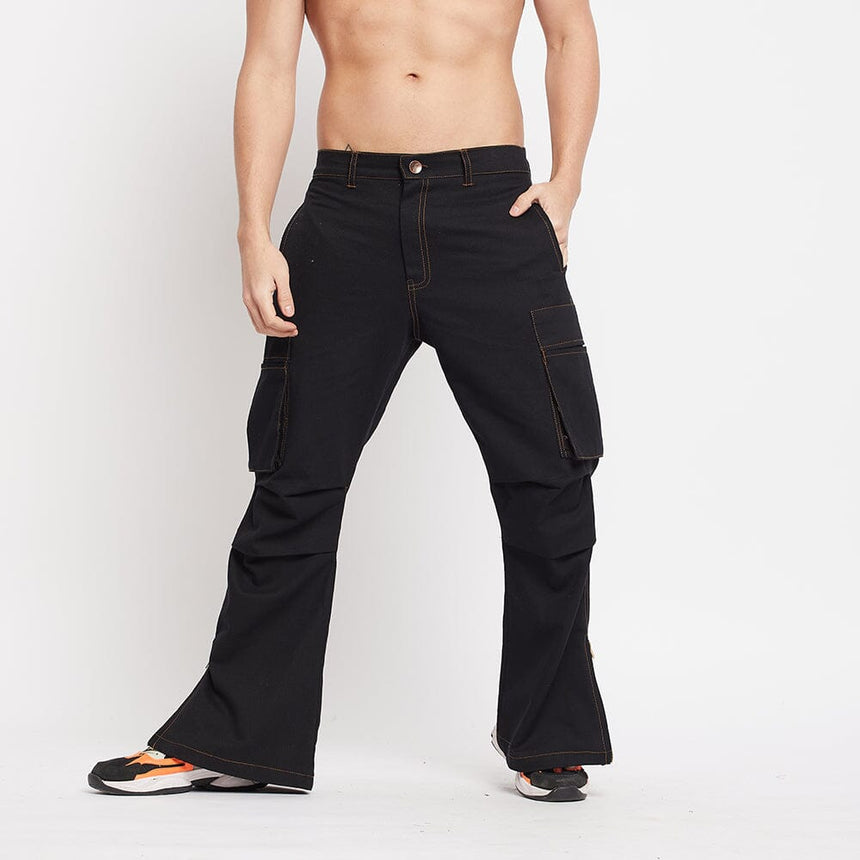 Black Twill Flared Cargo Pants Trousers Fugazee 