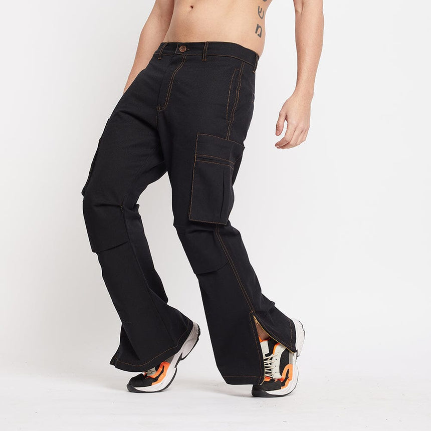 Black Twill Flared Cargo Pants Trousers Fugazee 