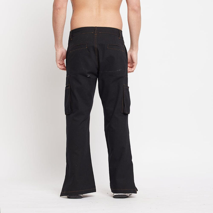 Black Twill Flared Cargo Pants, Buy Wide Legged Trousers