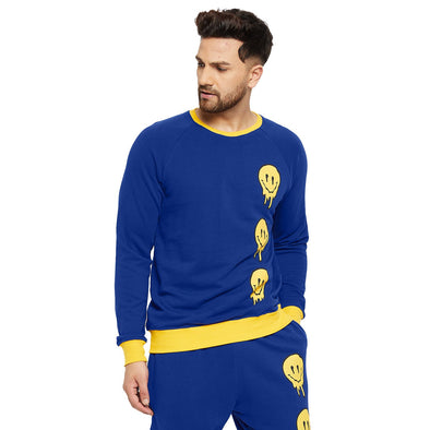 Blue OverSized Melted Smiley Print Sweatshirt