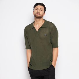 Olive Crochet Knitted Polo Tee